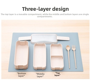 Three-layer 900ml beige lunch box detail showing utensils and removable divider