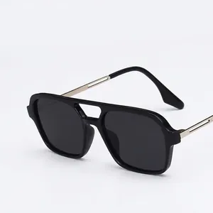 Classic black square double-bridge aviator sunglasses with metal temples on white background