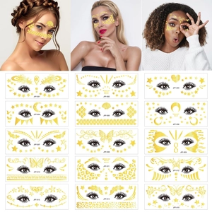 Waterproof gold glitter face tattoos with stars and butterflies for music festivals