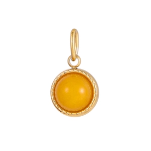 Detailed view of a round yellow amber pendant with elegant gold-plated metal edging