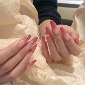 Faux Ongles À Presser Dégradé Rose Pêche Ombré Cercueil Longs Brillants Avec Décoration Strass En Coeur Pour Femmes