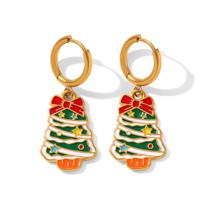 Détails de créoles dorées avec pendentifs sapin de Noël en émail coloré et nœuds rouges