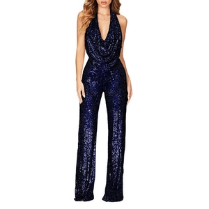 Detailed front view of navy blue sequin halter neck jumpsuit with wide leg design