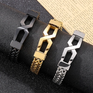 Three men's infinity chain bracelets in black, gold, and silver stainless steel