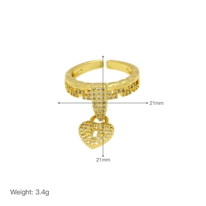 Macro view of gold heart padlock ring with clear zircons including weight and size details
