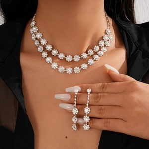 Flower Double Layer Clavicle Necklace And Drop Earrings Copper Rhinestone Sparkling Elegant Jewelry For Women Wedding Party