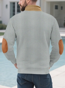 Men's grey sweatshirt featuring brown high-neck detail and oval elbow patches on back view
