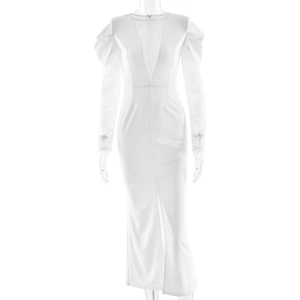 Elegant white slim fit dress with lace bubble sleeves and deep V-neck side slit design