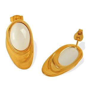 Women's 18k gold plated titanium steel earrings with vintage white opal and textured finish