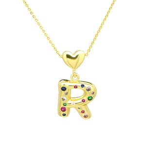 Detail of gold-plated necklace featuring a heart link and colorful zircon-encrusted letter R