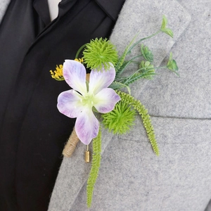 Artificial Flower Boutonniere Wedding Corsage Satin Plant Hemp Rope Wrapped Stem With Alloy Pin Groom Groomsmen Accessories