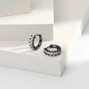 Elegant black plated S925 silver hoop earrings with shimmering cubic zirconia stones