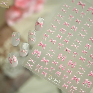 Pink bow nail art stickers TL-345 with 3D pearl effects and cat eye gradient finish