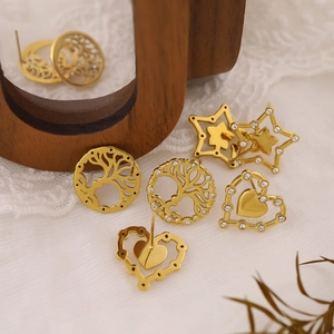 Gold stainless steel tree of life and heart stud earrings with sparkling rhinestones