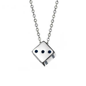 Silver dice pendant necklace with blue dots and O-chain on a clean white background