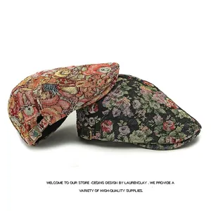 Jacquard beret hats featuring vintage bear and floral patterns for autumn and winter
