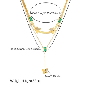 Detailed size chart for layered gold butterfly necklace with green stone pendant and dimensions