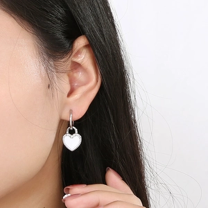 French style heart-shaped lock earrings in silver steel with white enamel finish