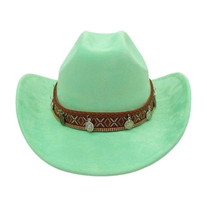 Detail of mint green western cowboy hat with ethnic braided band and silver metal pendants