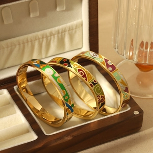 Enamel Bangle Colorful Geometric Pattern Stainless Steel Gold Plated Bracelet Fashion Jewelry For Women