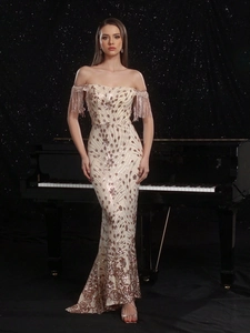 Elegante Vestido De Noche De Lentejuelas Con Hombros Descubiertos Y Mangas De Borlas Vestido Largo De Sirena Para Fiesta Boda Mujer