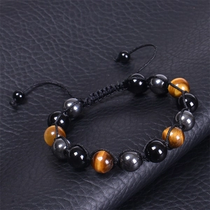 Handmade woven 10mm tiger eye, black obsidian and hematite beaded bracelet for men women