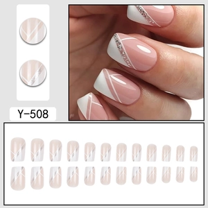 French press-on nails in nude pink and white with silver glitter stripes, 24-piece set