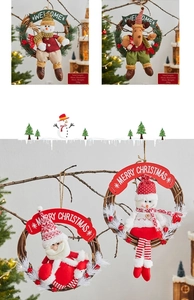 Detail of Christmas wreath with plush snowman and reindeer on natural branch ring