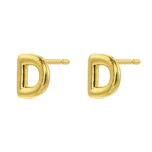 Detail shot of a minimalist 18K gold plated letter D stud earring with a polished finish