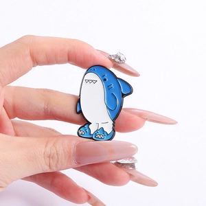Cute cartoon blue shark enamel pin with blue shoes for casual wear accessories