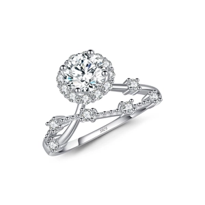 Schitterende S925 sterling zilveren moissanite kroonring met halo-steen en gespleten band