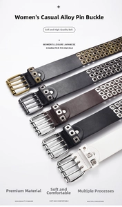 Detail of high quality cowhide punk belts with metal rivets and alloy pin buckles
