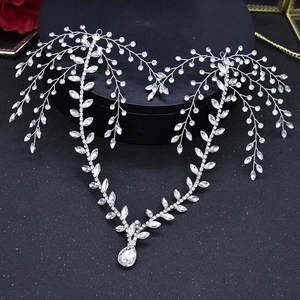 Silver bridal headband with leaf design, shimmering crystals and a drop pendant