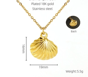 Detailed size specifications for a gold plated stainless steel shell pendant necklace