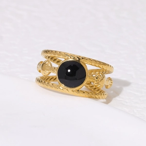Retro 18K gold plated stainless steel ring with black enamel and rope band design