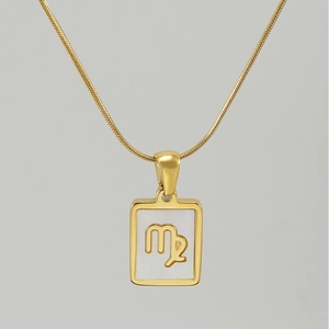Detail view of 18K gold stainless steel Virgo pendant with white shell inlay