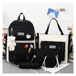 Detailed set of 5 nylon school bags for girls including backpack and tote with bear charm