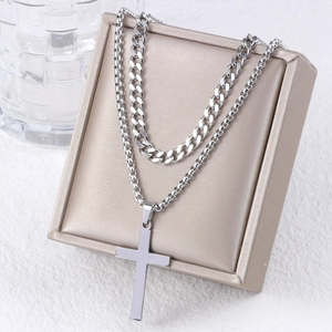 Men's double-layered stainless steel necklace with cross pendant and Cuban pearl chain