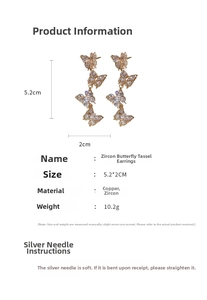 Detail of zircon butterfly tassel earrings with 5.2cm height and 2cm width specs