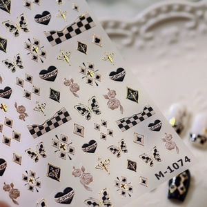 Houndstooth butterfly relief nail stickers with gold foil and embossed floral patterns