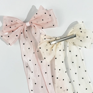 Polka dot mesh bow hair clips in pink and beige with long metal alligator fasteners