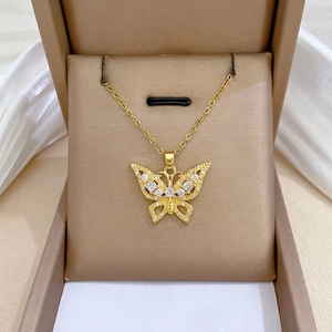 Butterfly Pendant Necklace Hollow Zircon Inlaid Stainless Steel Chain Copper Light Luxury Jewelry Gift For Women