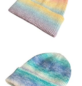 Detail showing high-quality knit texture and vibrant tie-dye gradient of the winter beanie