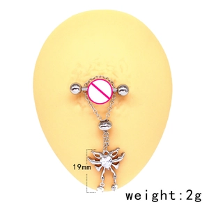 Silver heart-shaped nipple ring with butterfly pendant and clear zircon details