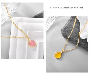 Detail view of round pink and yellow gemstone necklaces with 3A zircon and gold chain