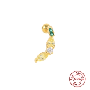 Macro shot of 925 sterling silver curved cartilage stud with colorful zircon fruit pattern