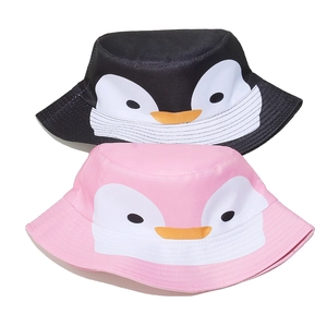 Cute penguin cartoon bucket hats in black and pink colors for sun protection