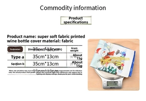 Size chart showing 35x13cm dimensions for soft fabric printed Christmas wine bottle covers