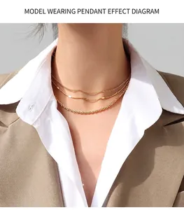 Detail of layered 18K gold plated titanium steel necklaces worn by a model in a suit