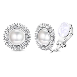 Detail of silver alloy ear clips featuring a white pearl and sparkling zircon halo
